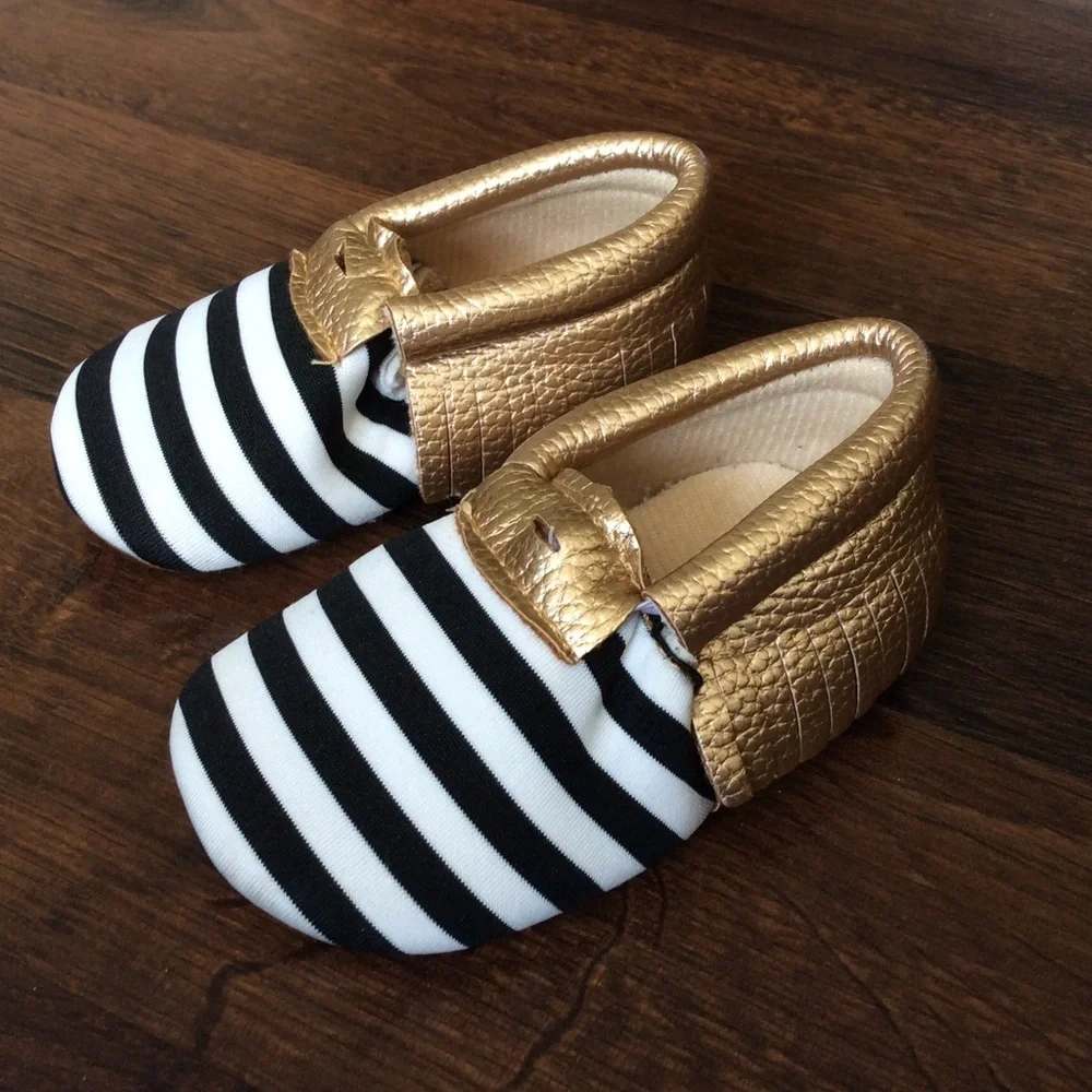 Baby girl moccasins 0-6 months stripes gold crib shoes pictures
